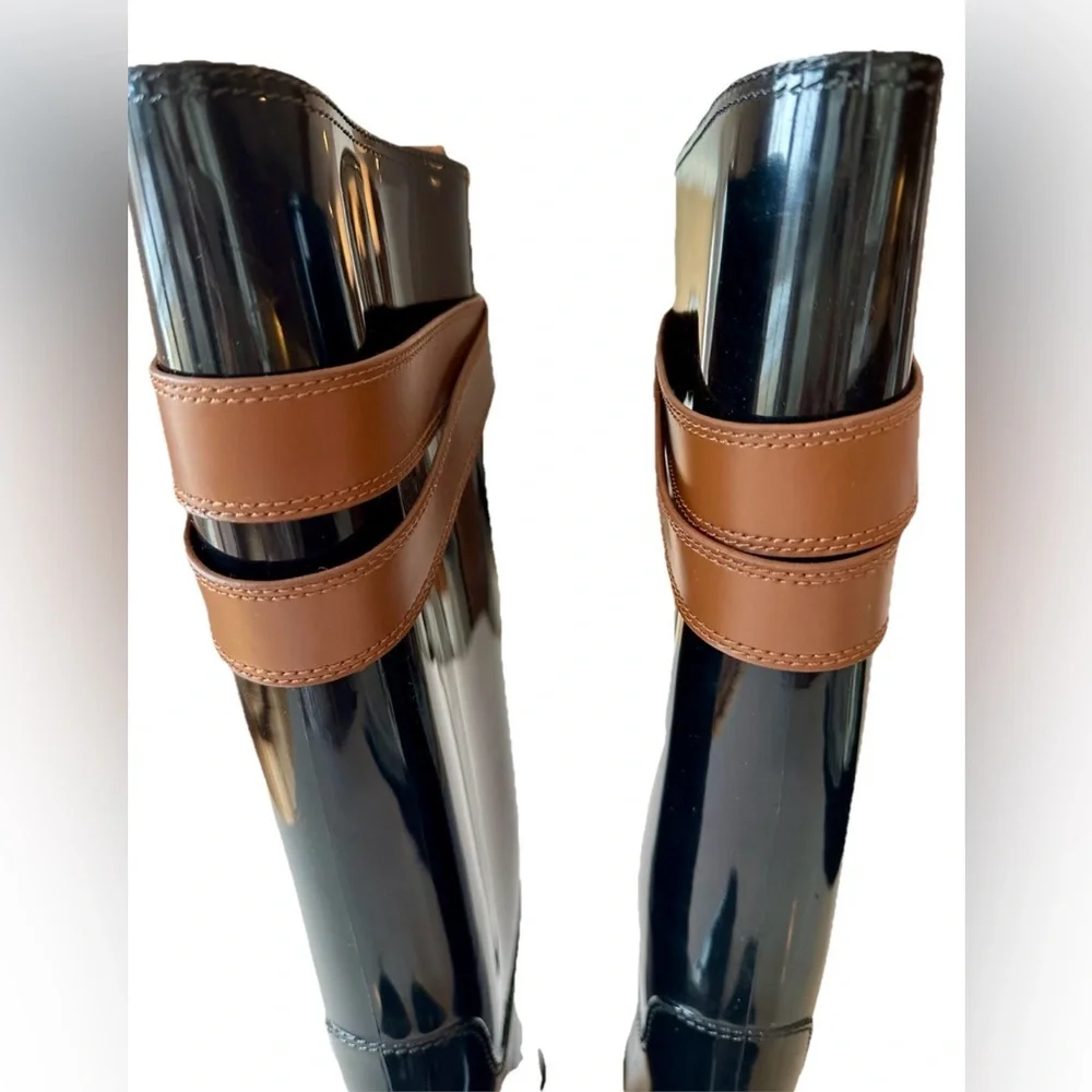 Coach Talia Knee High Rain Boots 9 Glossy Black Brown Buckle Preppy Outdoors